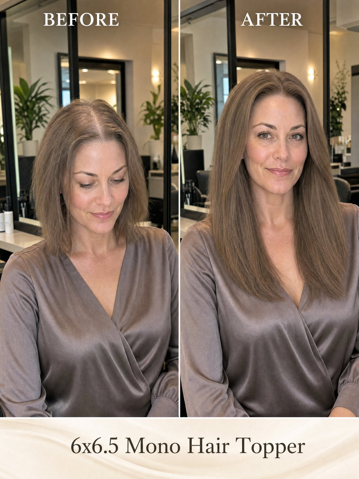 6x6.5 mono hair topper, long straight light brown hair with side part