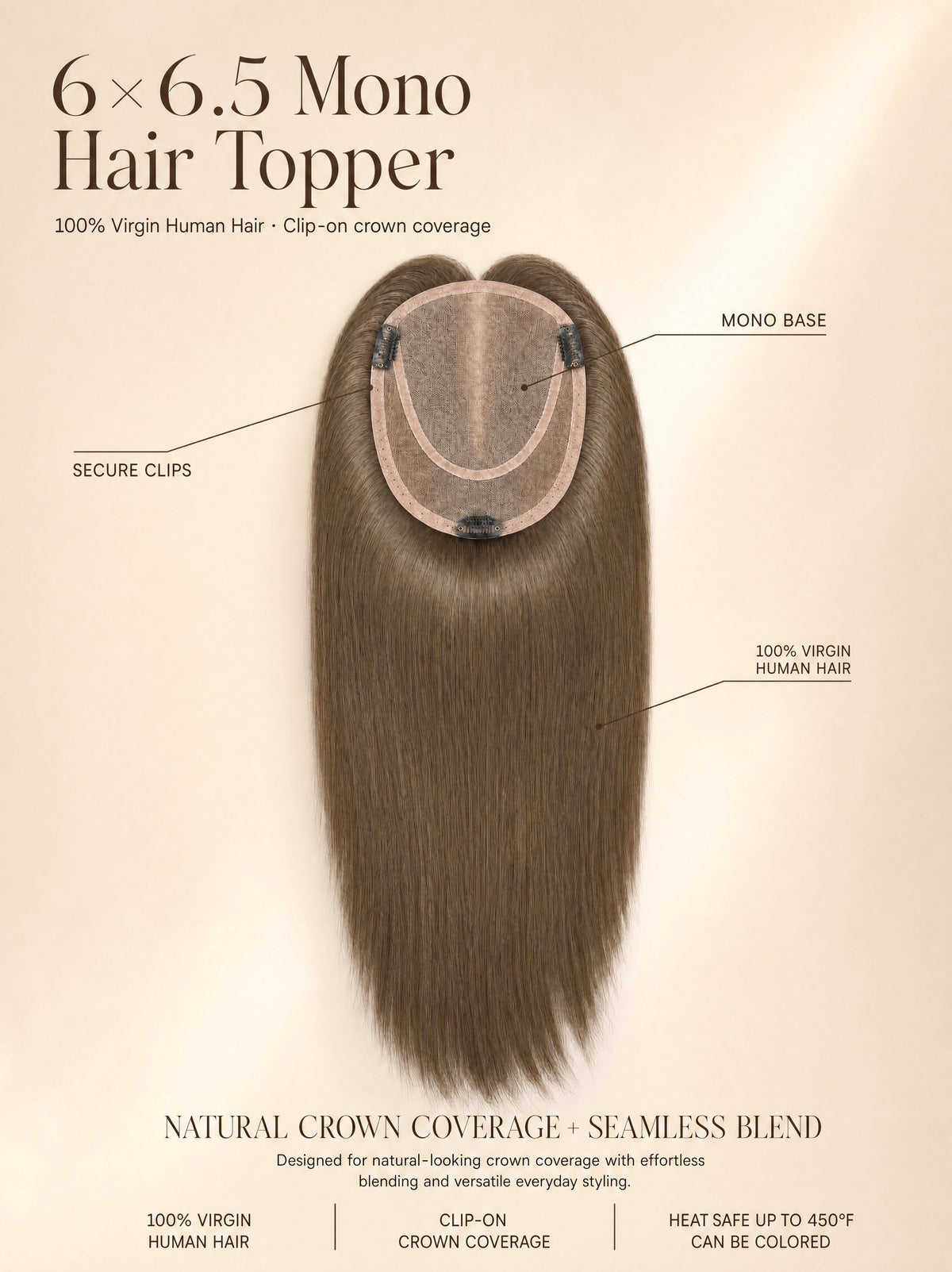 Mono hair topper with circular mono base and secure clips, straight dark brown hair