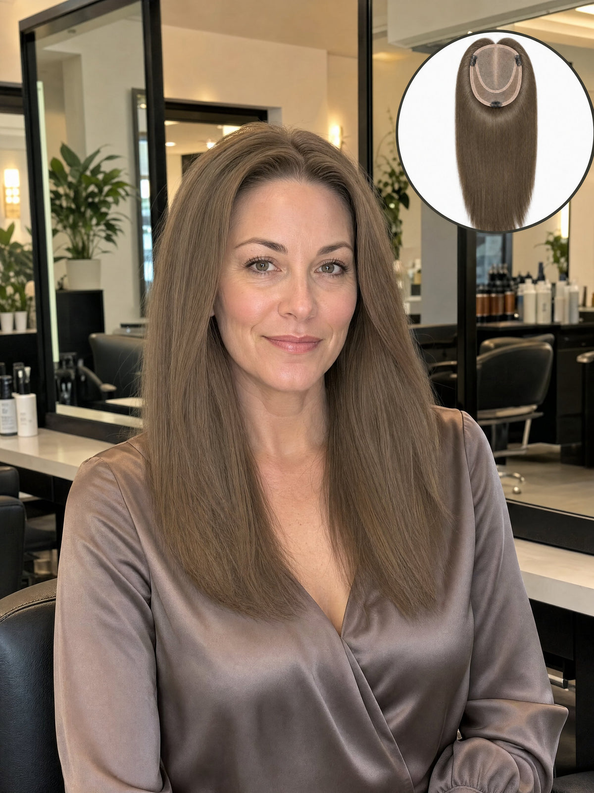 Women wearing a straight hair topper, shoulder-length light brown hair with mono top