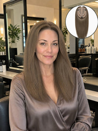Women wearing a straight hair topper, shoulder-length light brown hair with mono top
