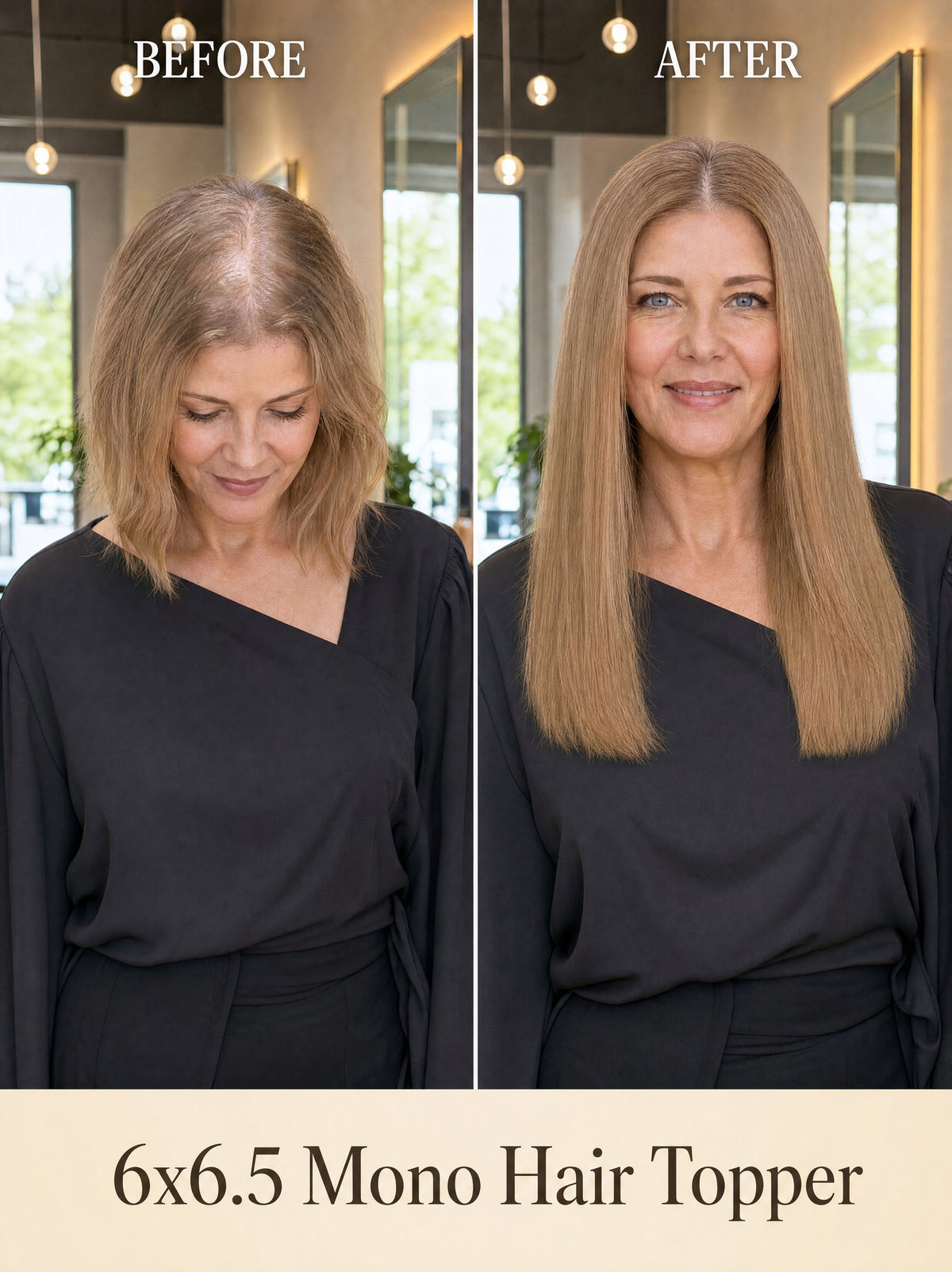 Hair topper worn by woman with shoulder-length straight light brown hair