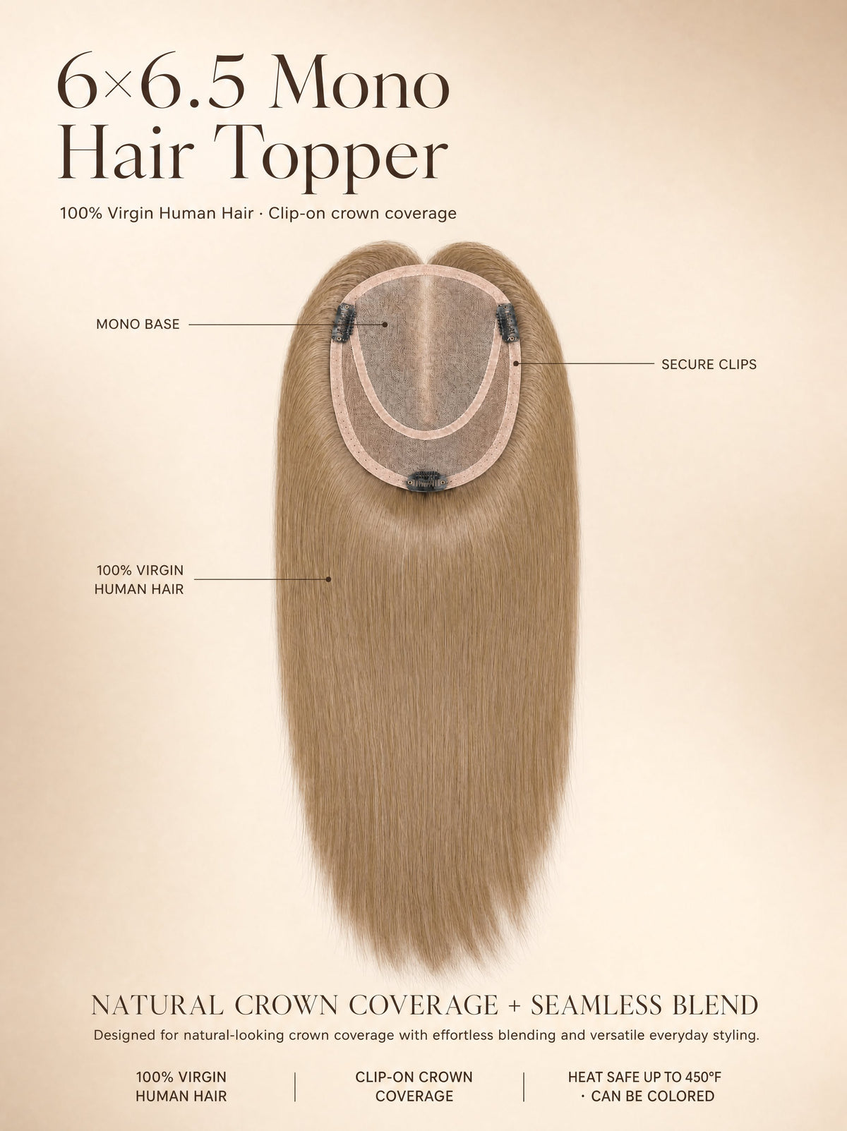 Light brown mono hair topper with round monofilament base and secure clips