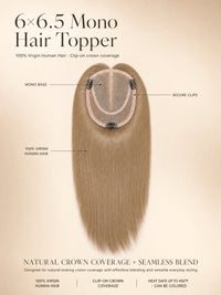 Light brown mono hair topper with round monofilament base and secure clips