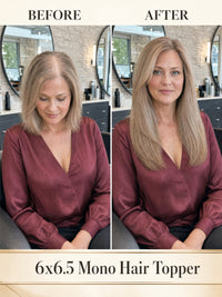 Light ash blonde mono hair topper worn by woman with long straight hair and natural part.