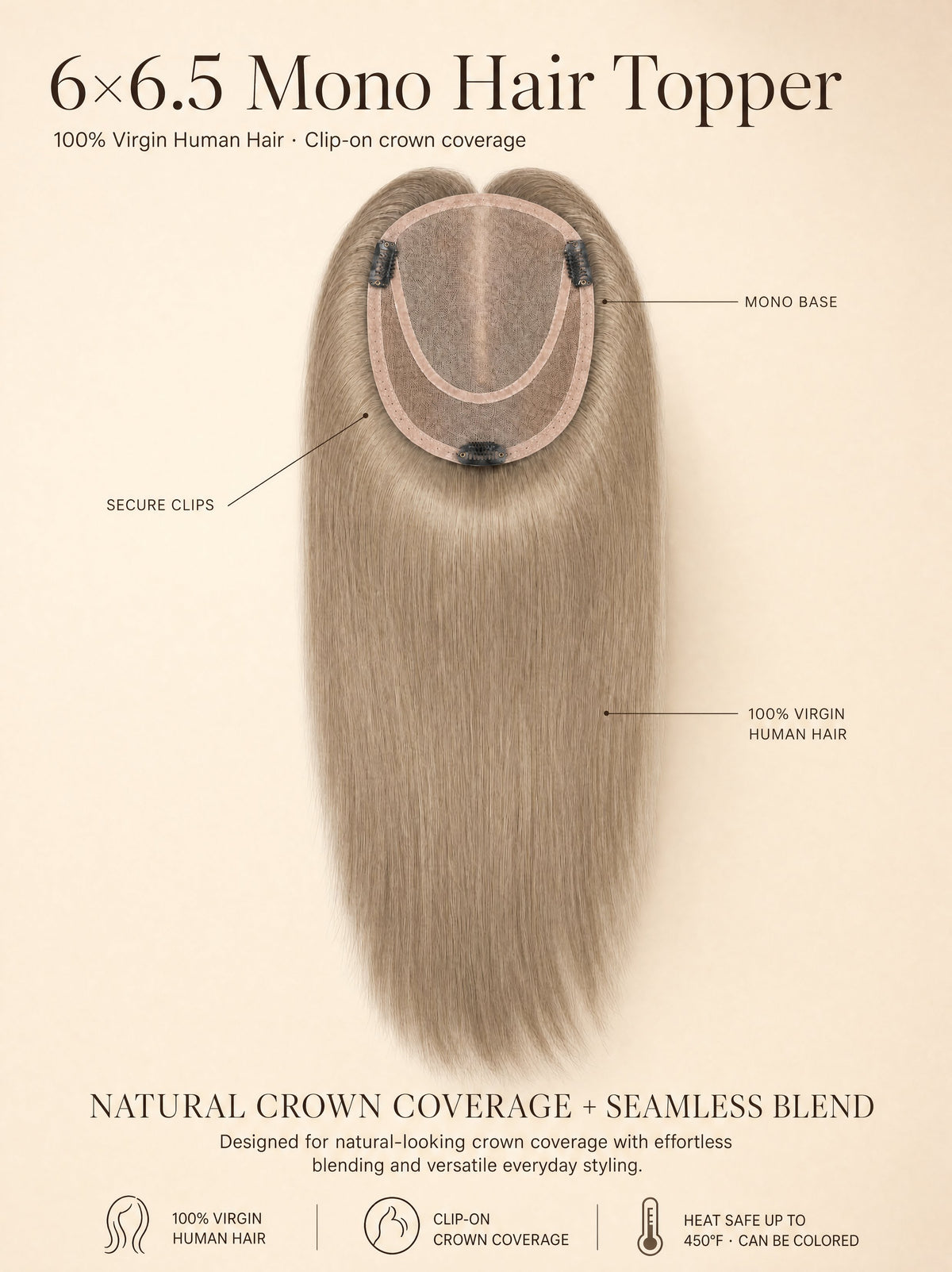 Light ash blonde mono hair topper with oval mono base and secure clips, shown front view.