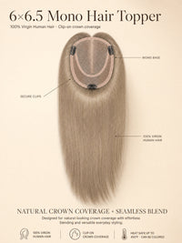 Light ash blonde mono hair topper with oval mono base and secure clips, shown front view.