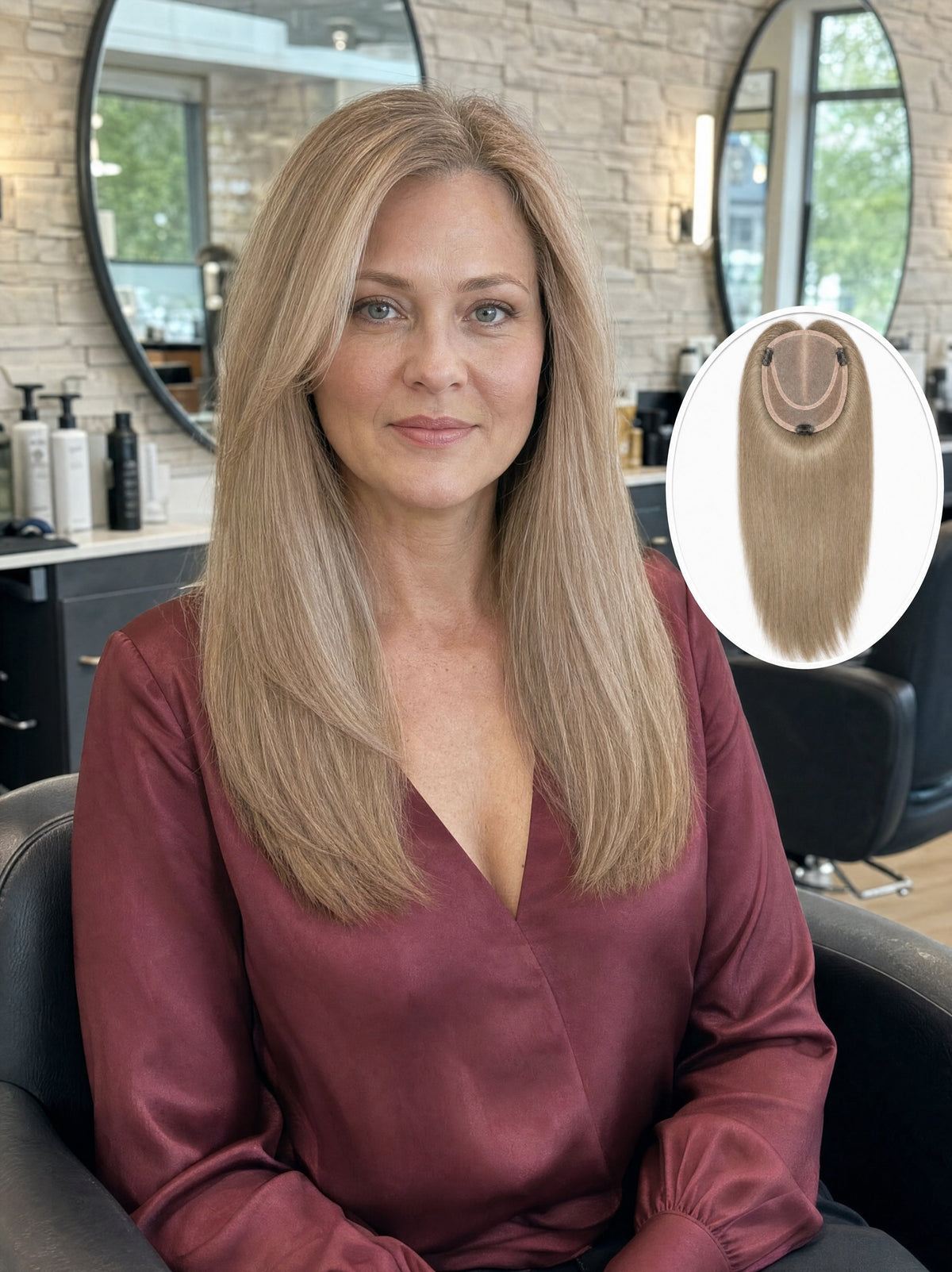 Light blonde mono hair topper worn by model, long straight hair with natural part
