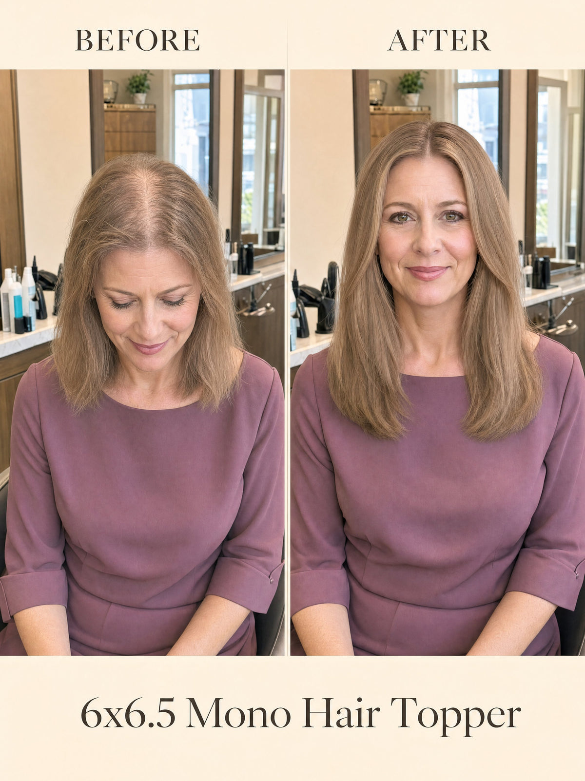Mono hair topper worn by model for before-and-after comparison