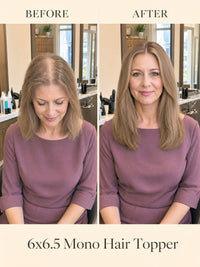 Mono hair topper worn by model for before-and-after comparison