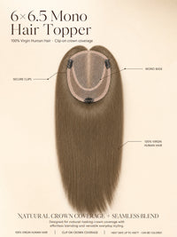 Light brown mono hair topper with round monofilament base and long straight hair