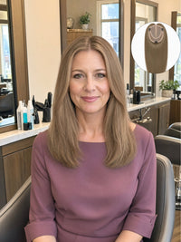 Light brown mono hair topper worn by model, front view with straight hair