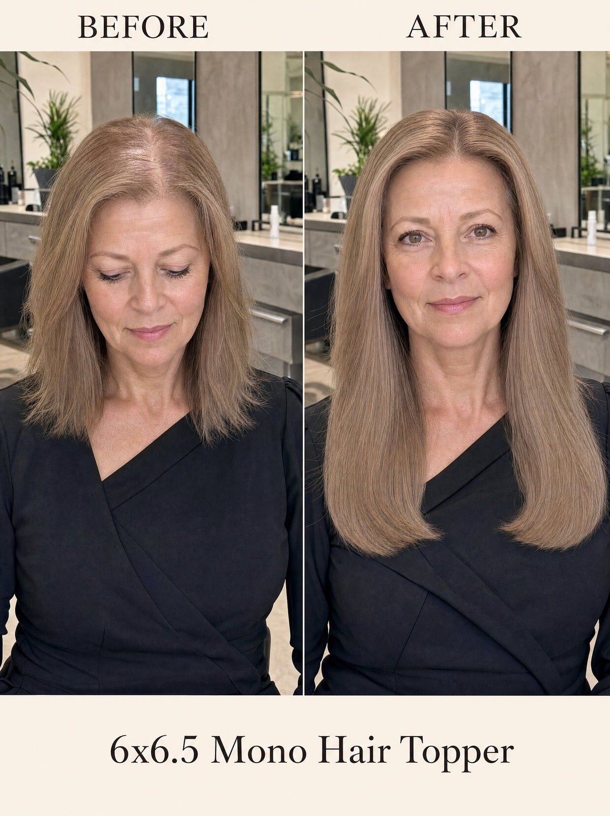Mono hair topper worn by model, before and after styling photos