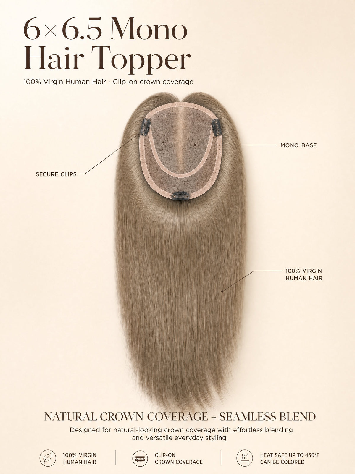 Light brown mono hair topper with round monofilament base and secure clips
