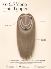 Light brown mono hair topper with round monofilament base and secure clips