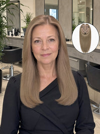 Light brown mono hair topper worn by model, shoulder-length straight hair