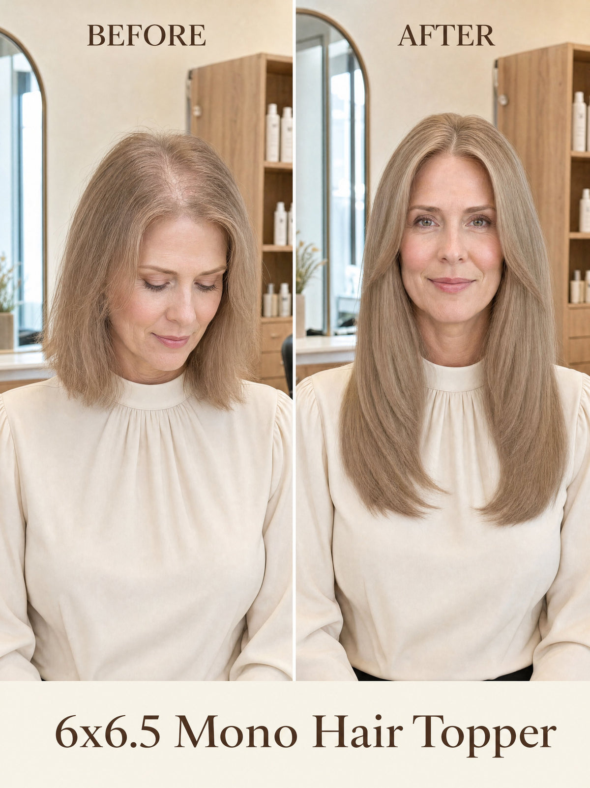 Light ash blonde mono hair topper worn by woman with shoulder-length straight hair.