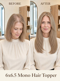Light ash blonde mono hair topper worn by woman with shoulder-length straight hair.