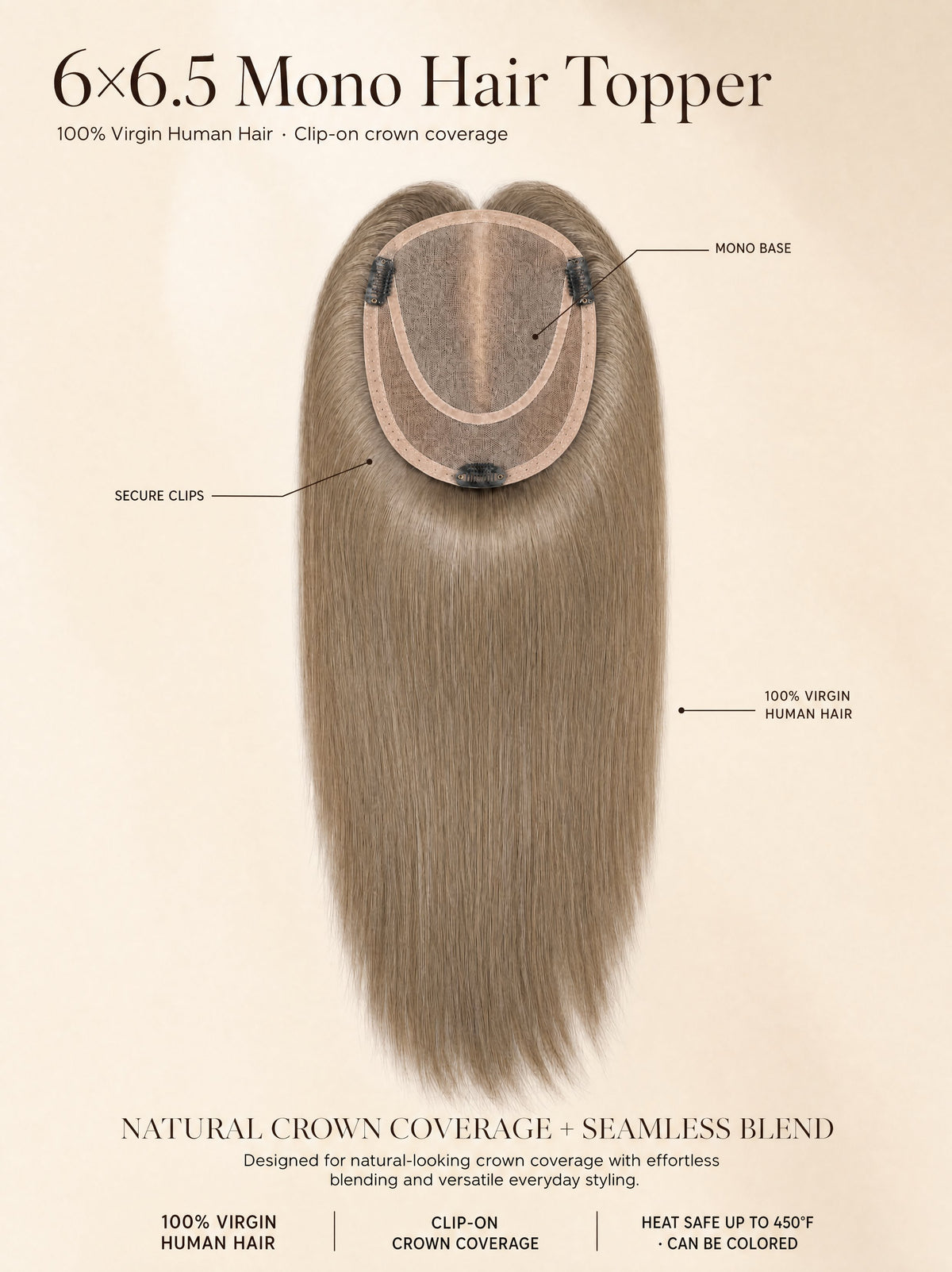 Light ash blonde mono hair topper with oval mono base and visible secure clips.
