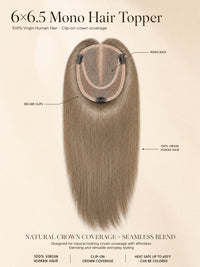 Light ash blonde mono hair topper with oval mono base and visible secure clips.