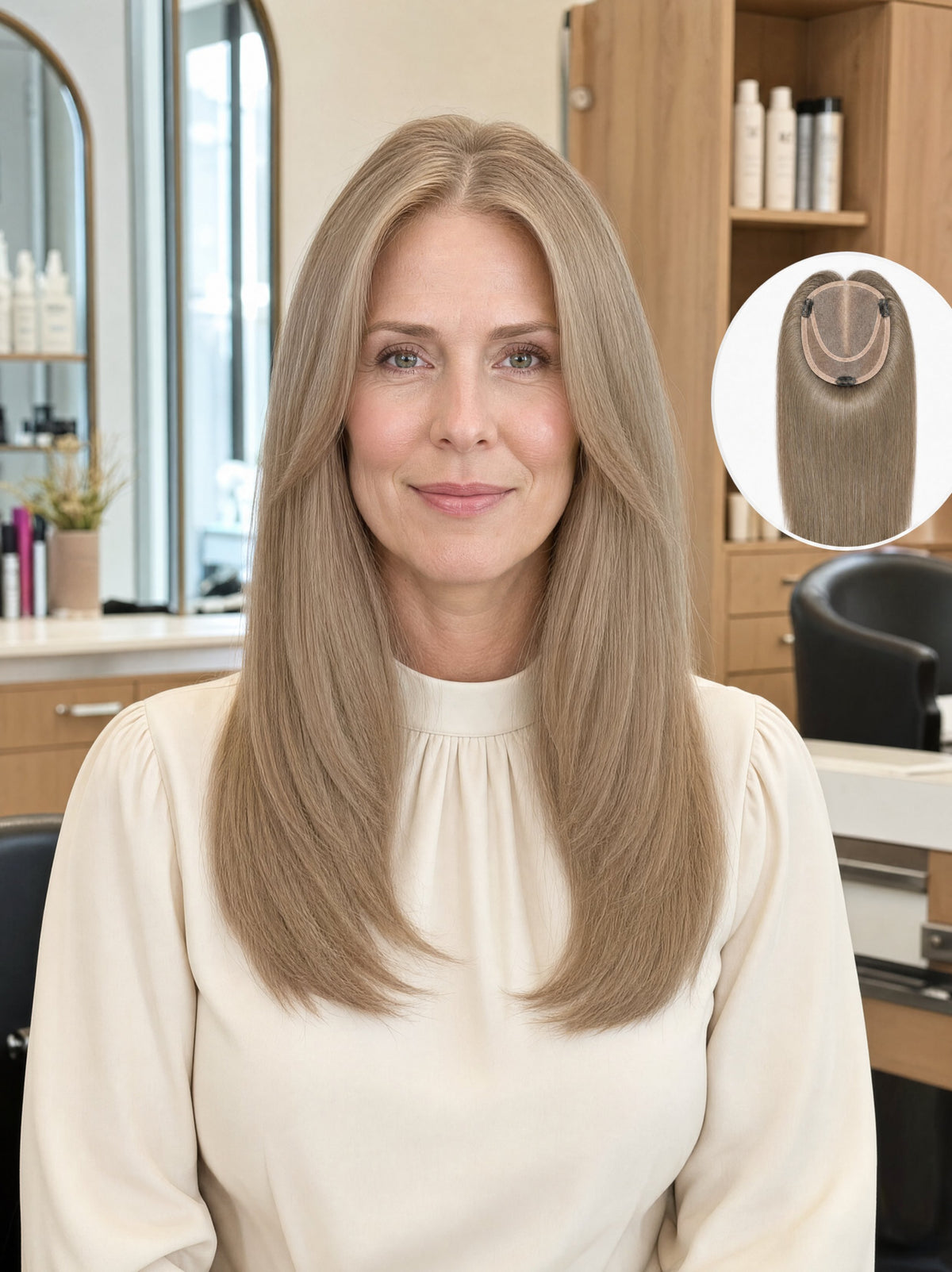 Light ash blonde mono hair topper worn by woman with long straight hair and center part.