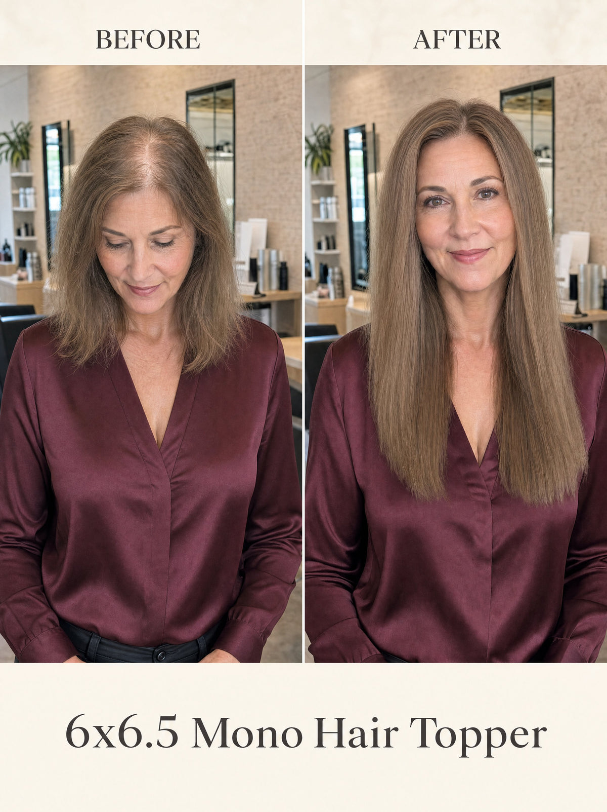 Light blonde hair topper worn, straight shoulder-length style for fuller crown