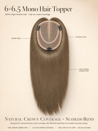 Mono hair topper with monofilament base, secure clips, and full-crown coverage