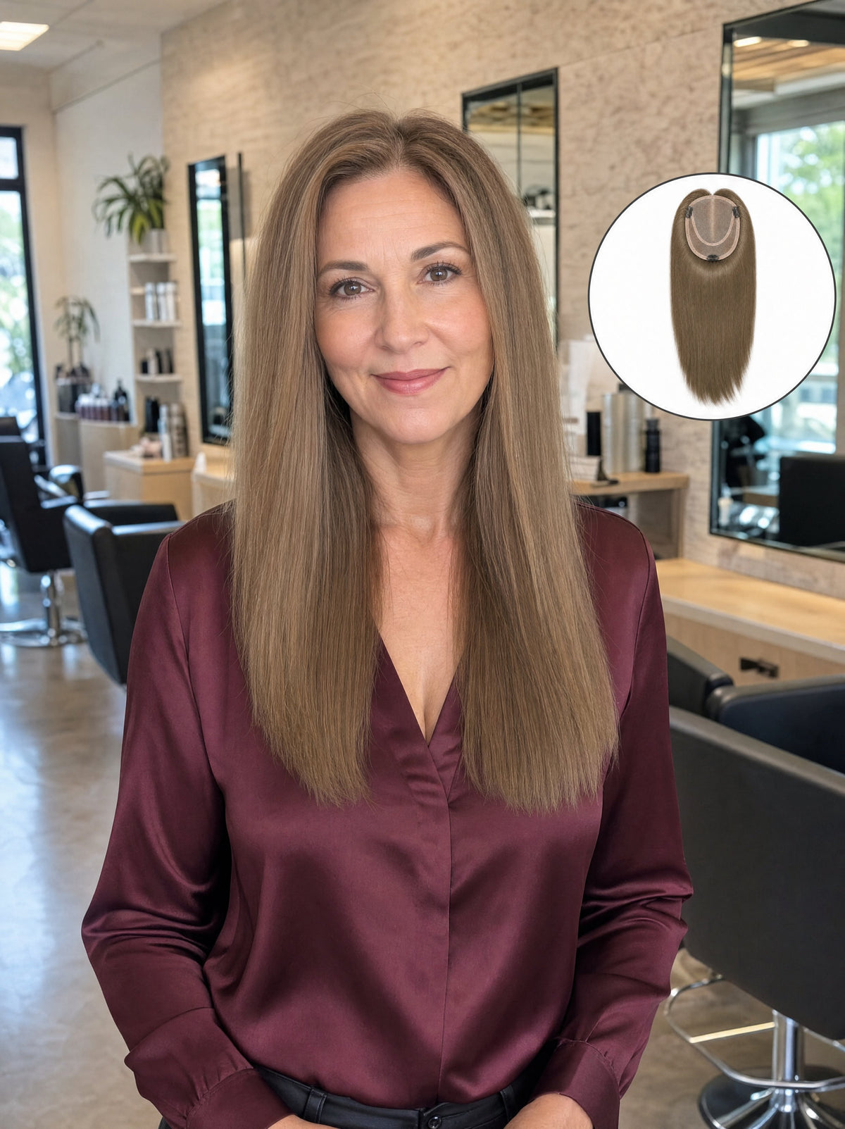 Light blonde mono hair topper worn by model, sleek straight hair with natural look