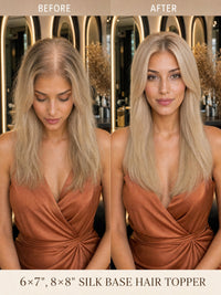 Hair topper on model with long straight blonde hair, front view.