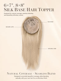 Hair topper diagram showing circular silk base and long straight hair strands.