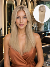 Hair topper on model with long straight blonde hair, inset showing circular base.