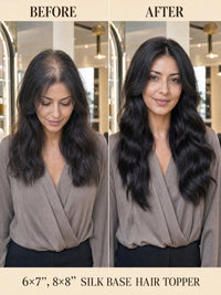 Silk base hair topper worn on model with long dark wavy hair for natural volume