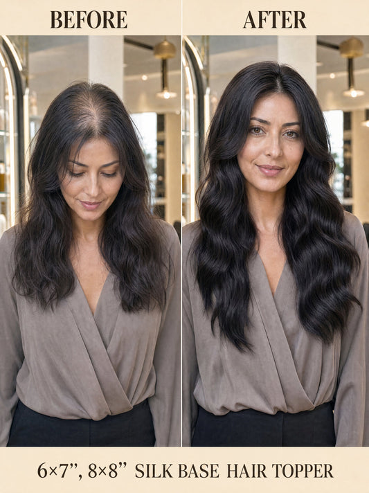 Silk base hair topper worn on model with long dark wavy hair for natural volume