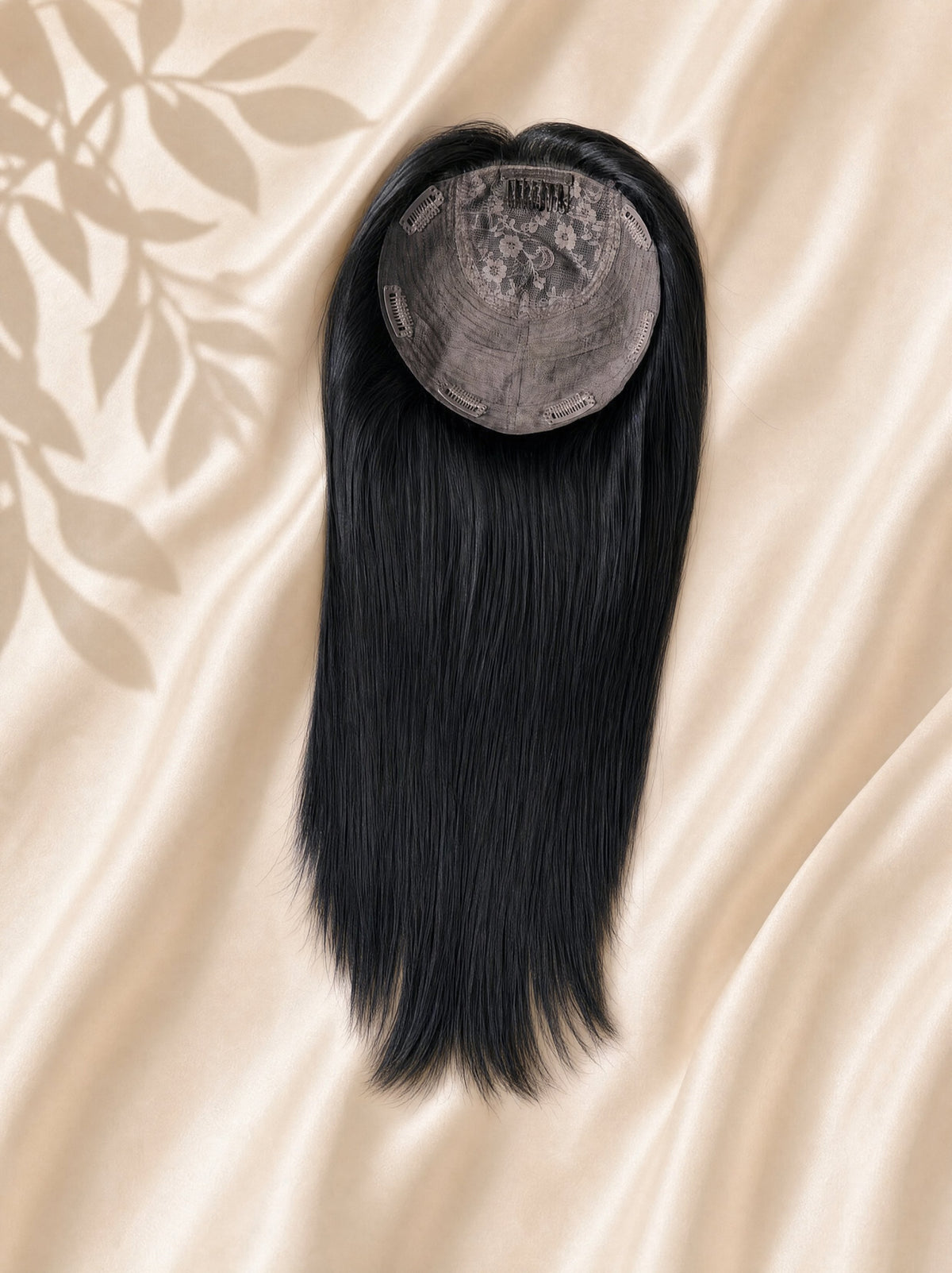 Silk base hair topper with straight black hair and circular mesh silk base