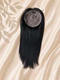 Silk base hair topper with straight black hair and circular mesh silk base