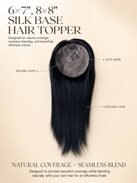 Silk base hair topper with straight black hair, visible round silk base backing