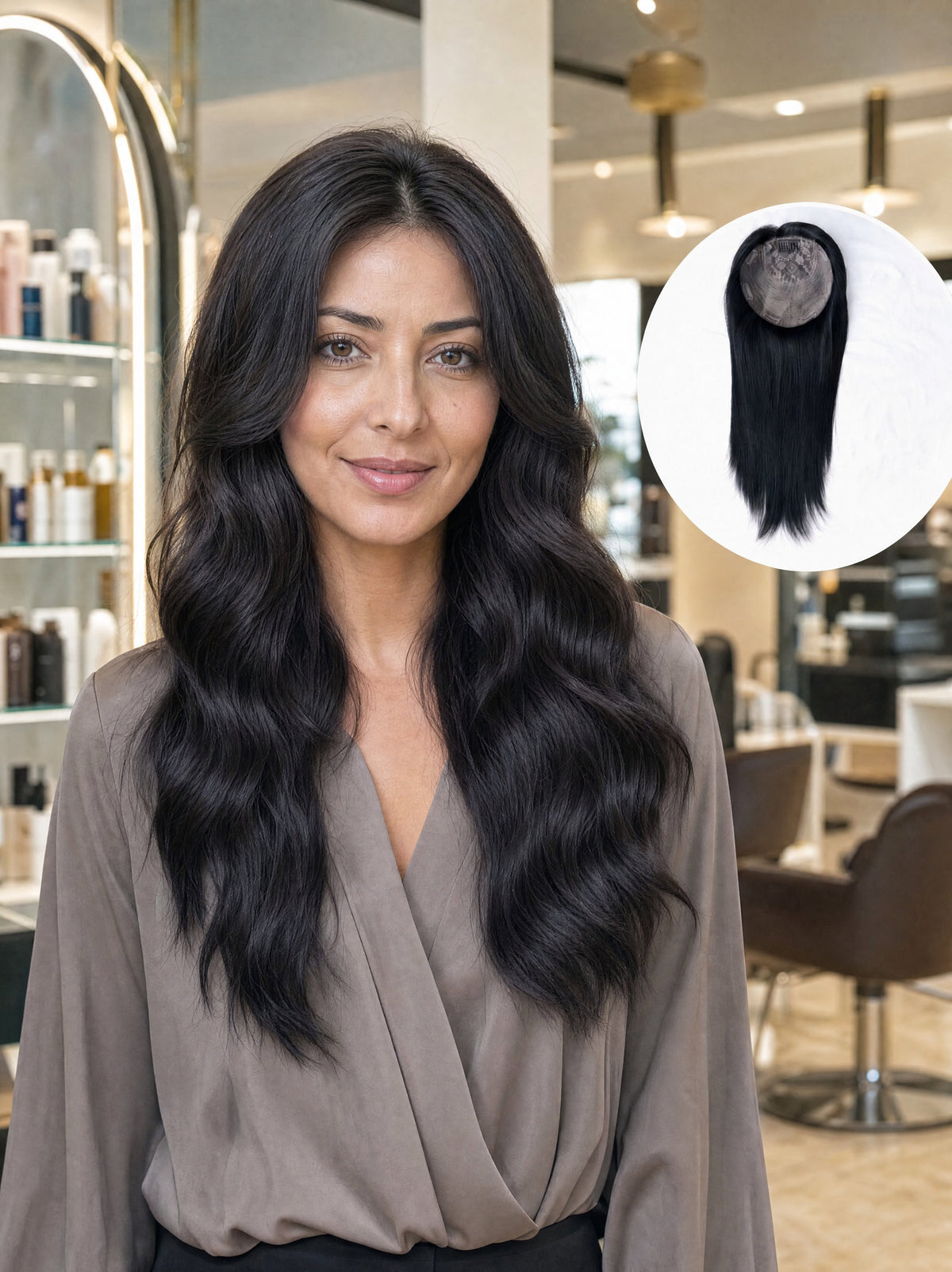 Silk base hair topper worn on model with long straight black hair and natural finish