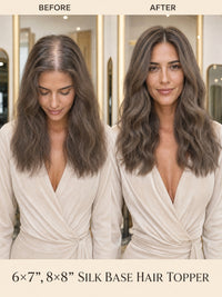Silk base hair topper worn on model with shoulder-length wavy light ash hair
