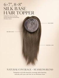 Silk base hair topper with straight ash-brown hair and round silk base cap