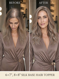Hair topper worn by model with long straight blonde hair, split before/after view.