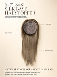 Hair topper diagram with circular silk base and long straight hair, centered view.