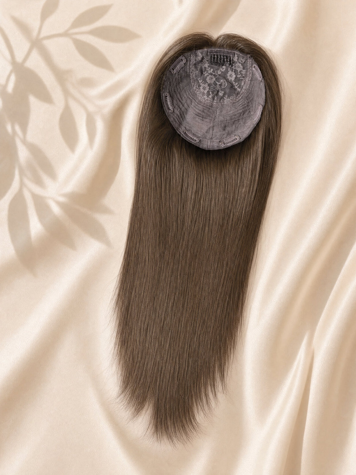 Straight light blonde hair topper with circular silk base cap, full coverage look