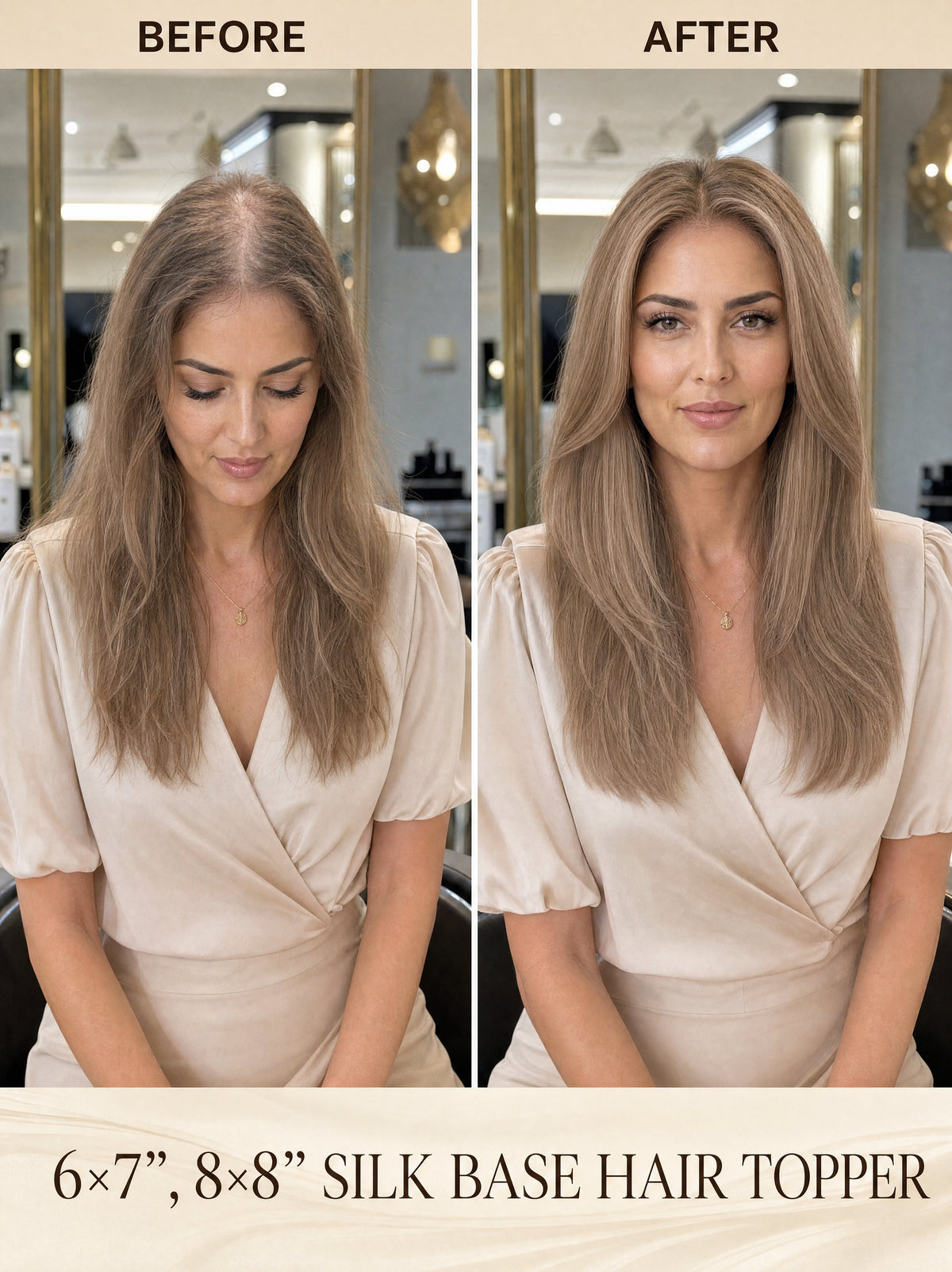 Silk base hair topper on model with long straight ash blonde hair, front view.