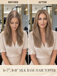 Silk base hair topper on model with long straight ash blonde hair, front view.