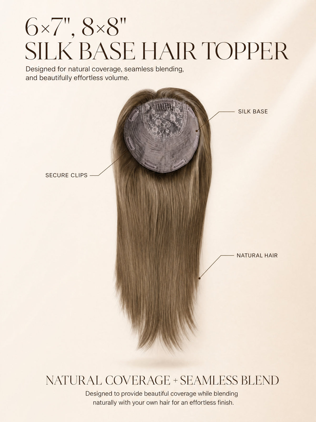 Natural cover hair topper with round silk base cap and straight light blonde hair