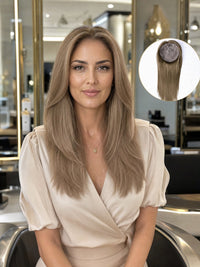 Silk base hair topper with light taupe-blonde straight hair, natural look coverage