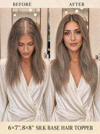 Hair topper on model with long straight blonde hair, front view.
