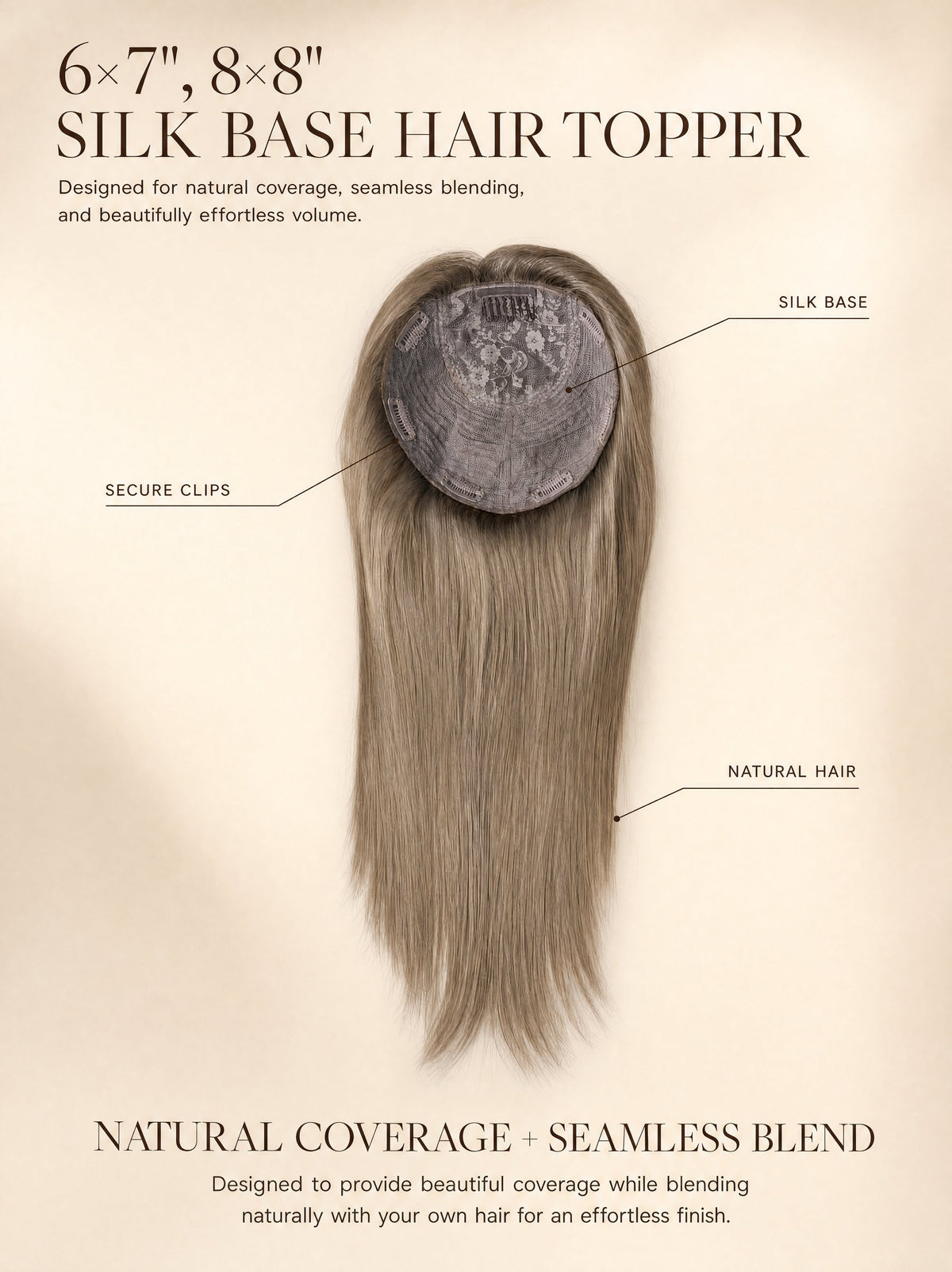 Silk base hair topper with straight taupe-blonde hair and circular silk base cap