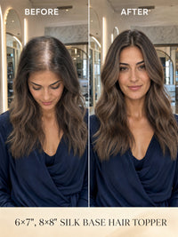 Hair topper before-and-after on model, long wavy light-brown hair