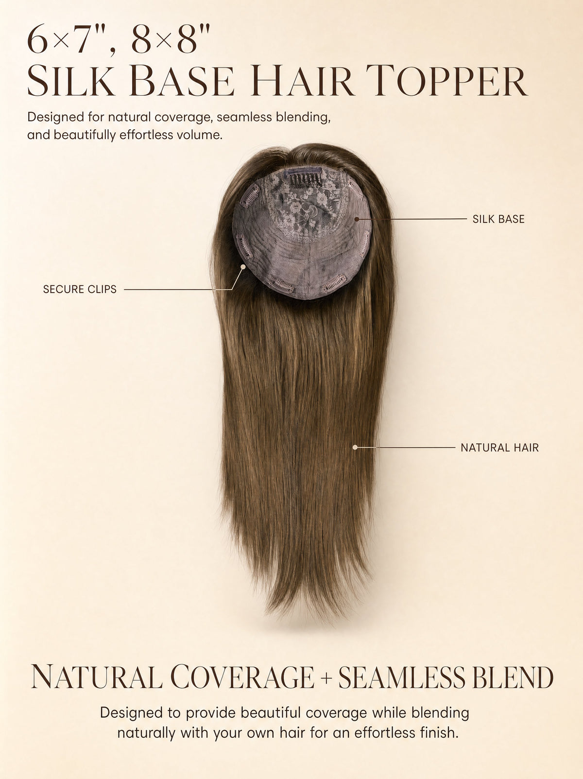 Silk base hair topper with light blonde strands, round mesh cap