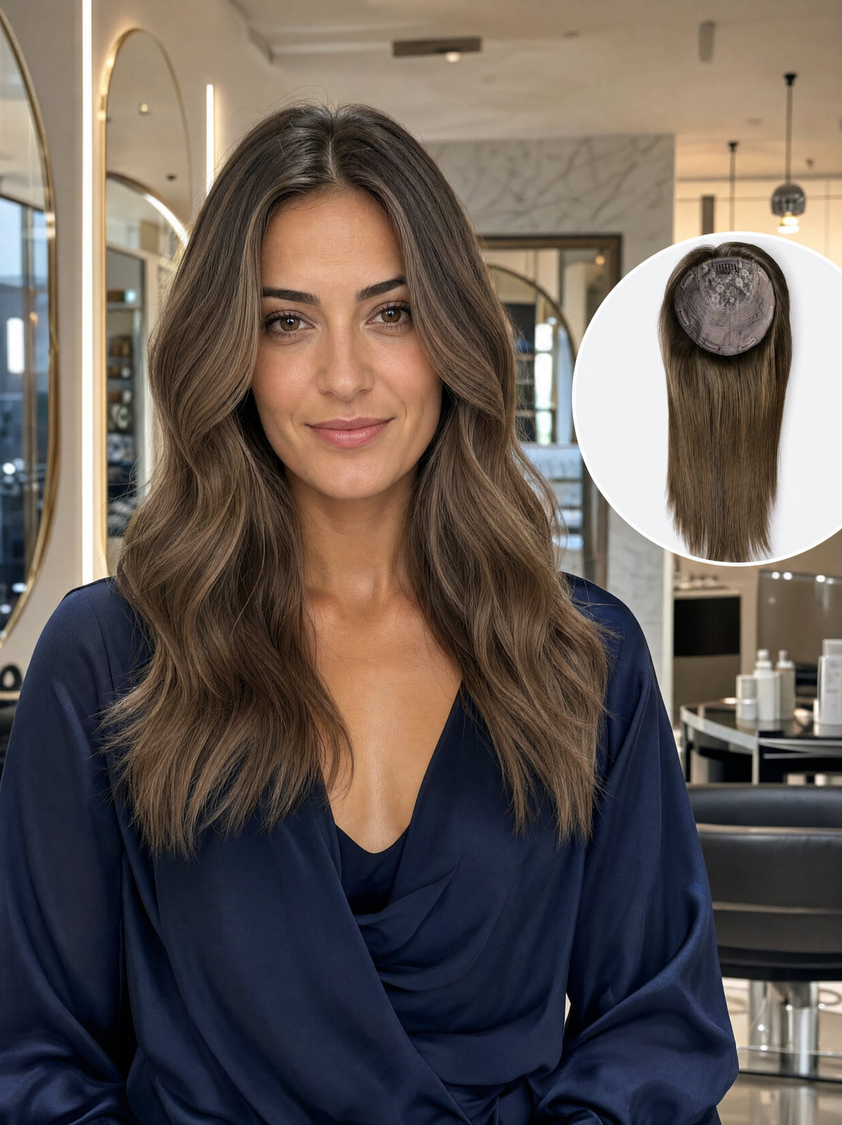 Long wavy hair topper on model, smooth light-brown hair, navy top
